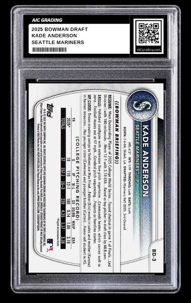 2025 Kade Anderson 1st Bowman Draft Rookie Card #BD-3 Seattle Mariners Graded 10