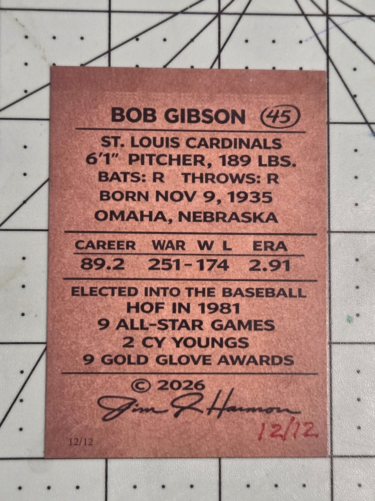 Bob Gibson Sketch Card / 12 Standard Size 2.5 X 3.5