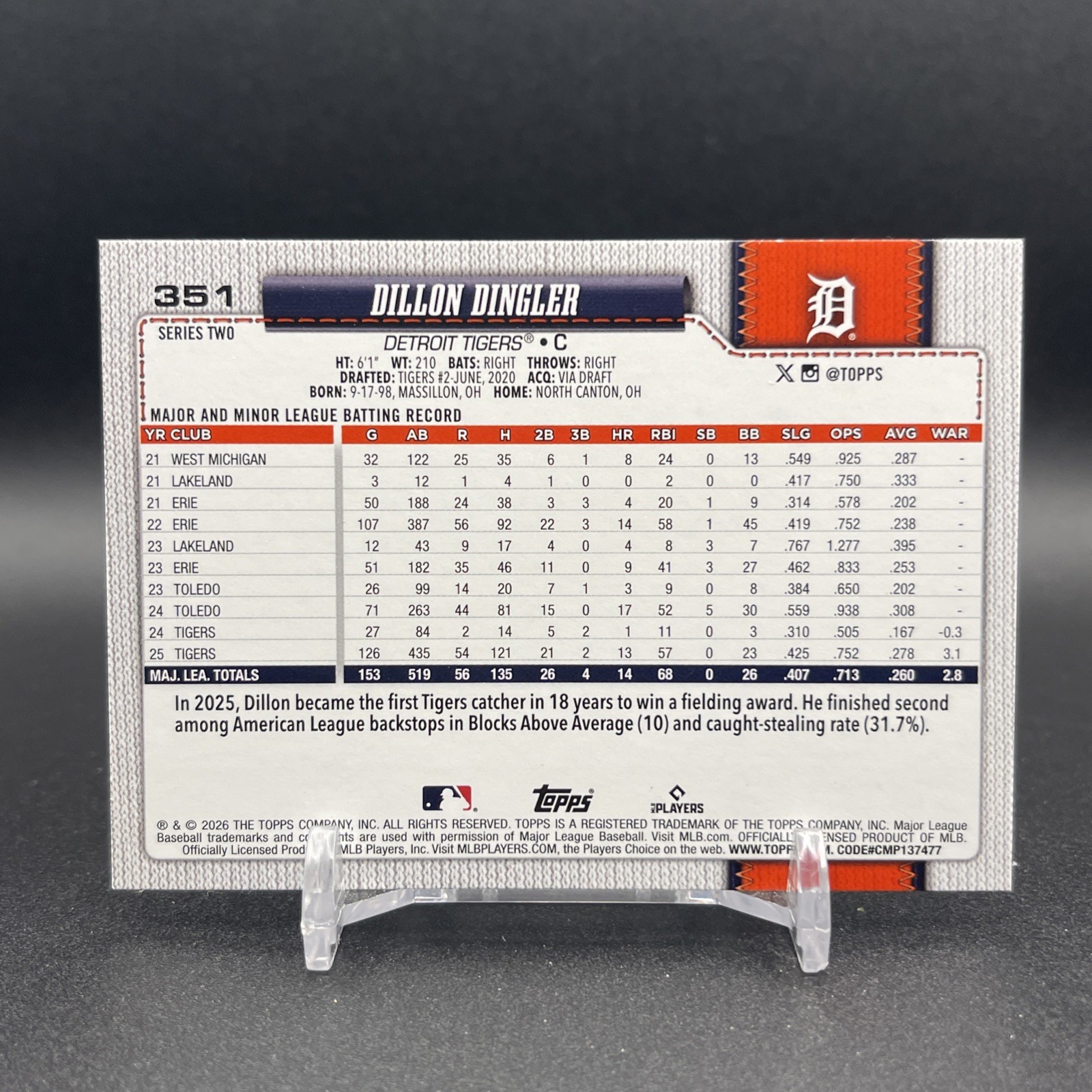 Dillon Dingler 2026 Topps Series 2 Detroit Tigers #351