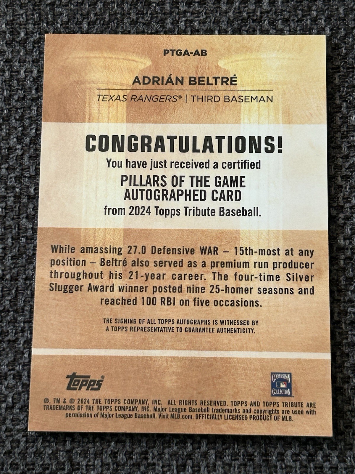 2024 Topps Tribute Adrian Beltre Pillars of the Game Auto /99 #PTGA-AB Rangers