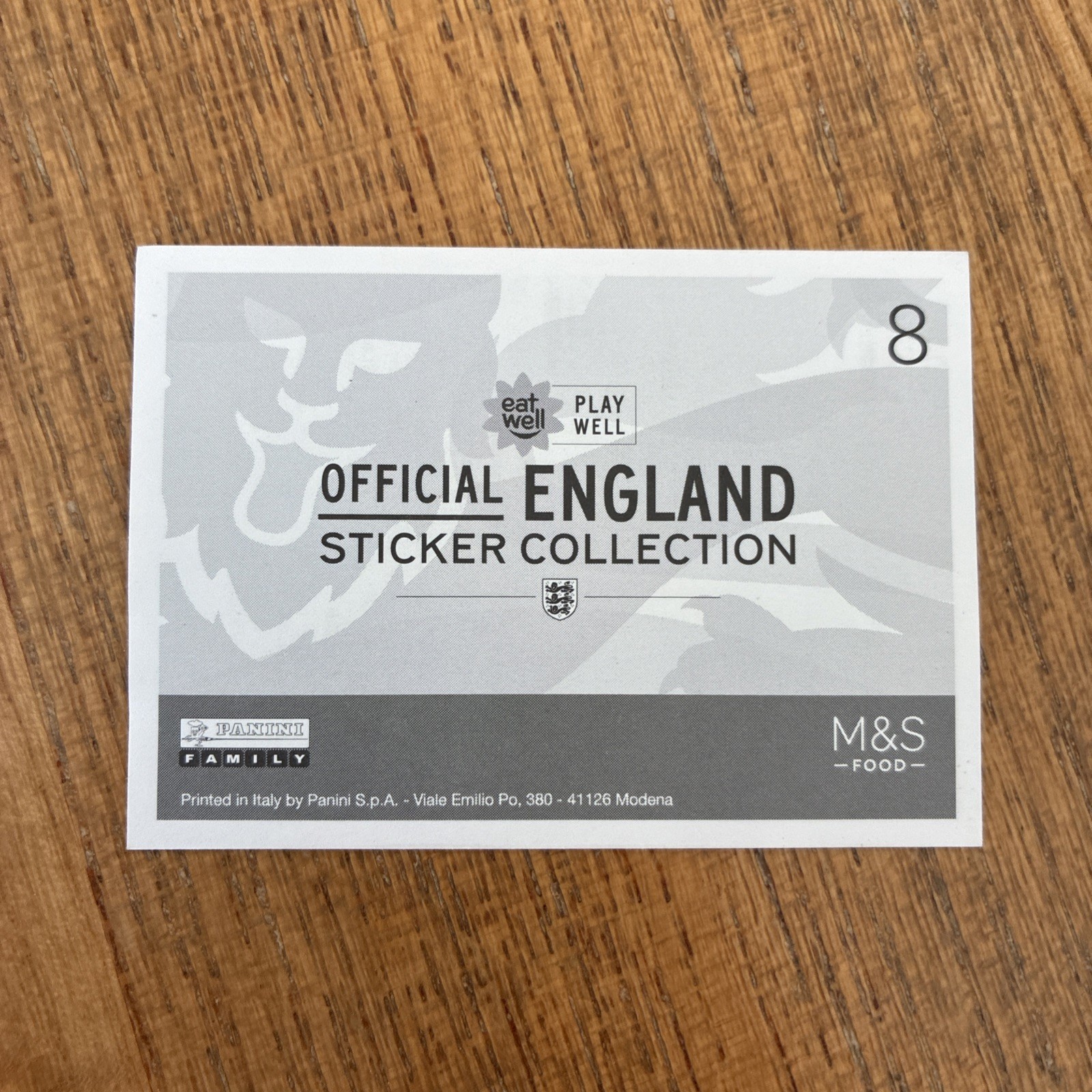 Official Panini M & S England Sticker Collection Men’s Right Half #8 Non-Stuck