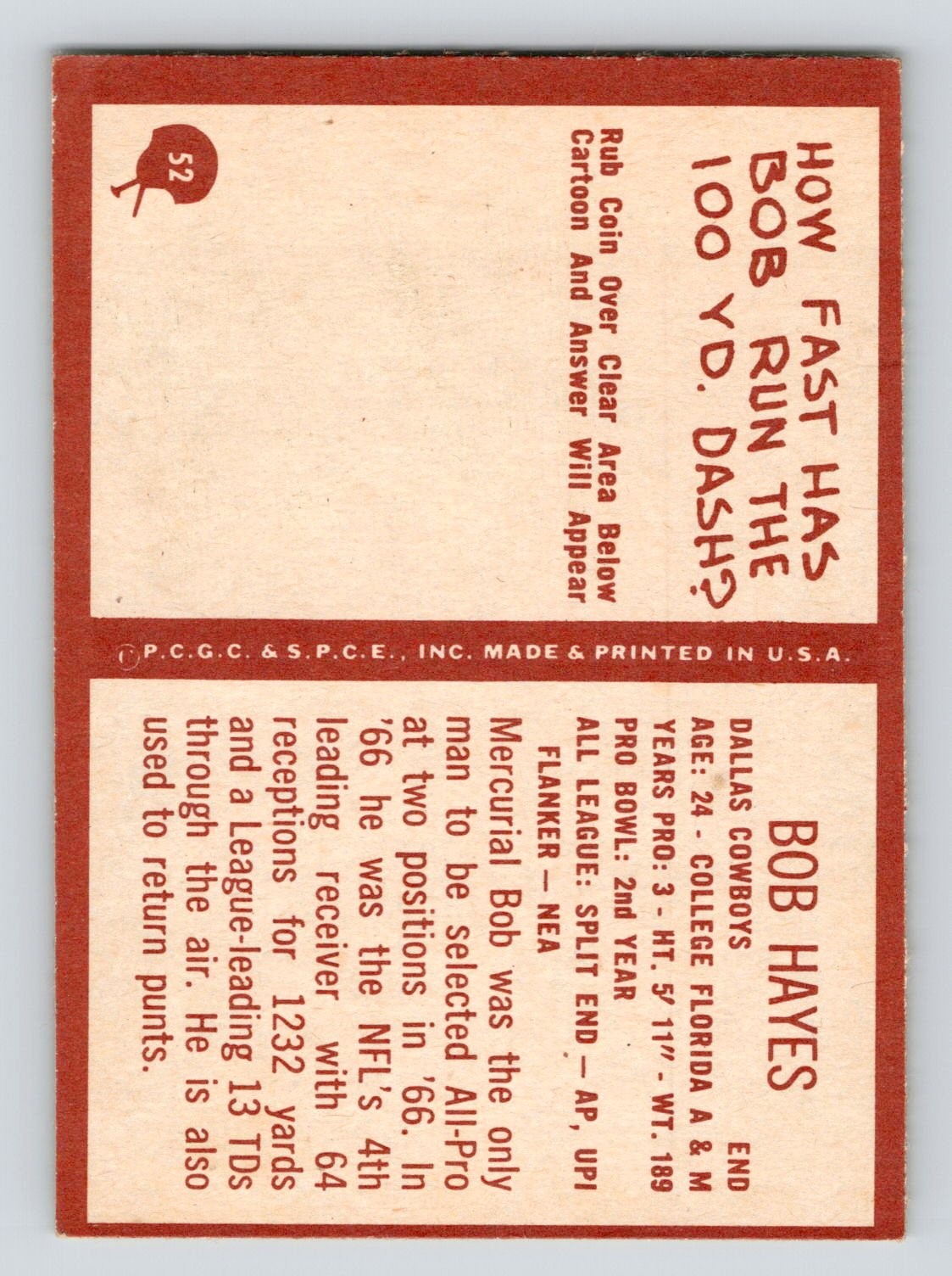 1967 Philadelphia #52 Bob Hayes Dallas Cowboys Sharp Good Color