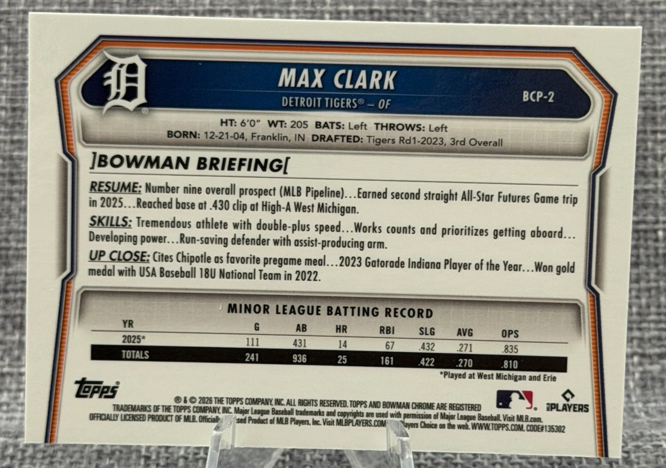 2026 Bowman Chrome – Max Clark Bowman Prospect #BCP-2 – Detroit Tigers