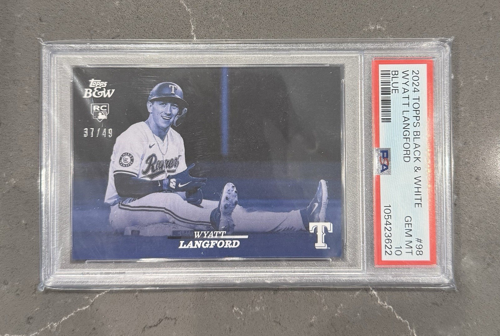 2024 Topps Black & White Wyatt Langford Blue RC 37/49 PSA 10 Rangers Color Match