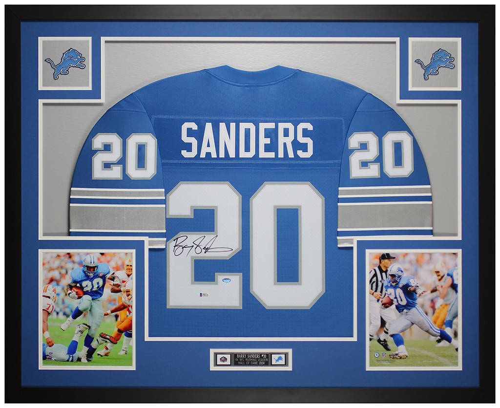 Barry Sanders Autographed & Framed Blue Lions Jersey Beckett COA