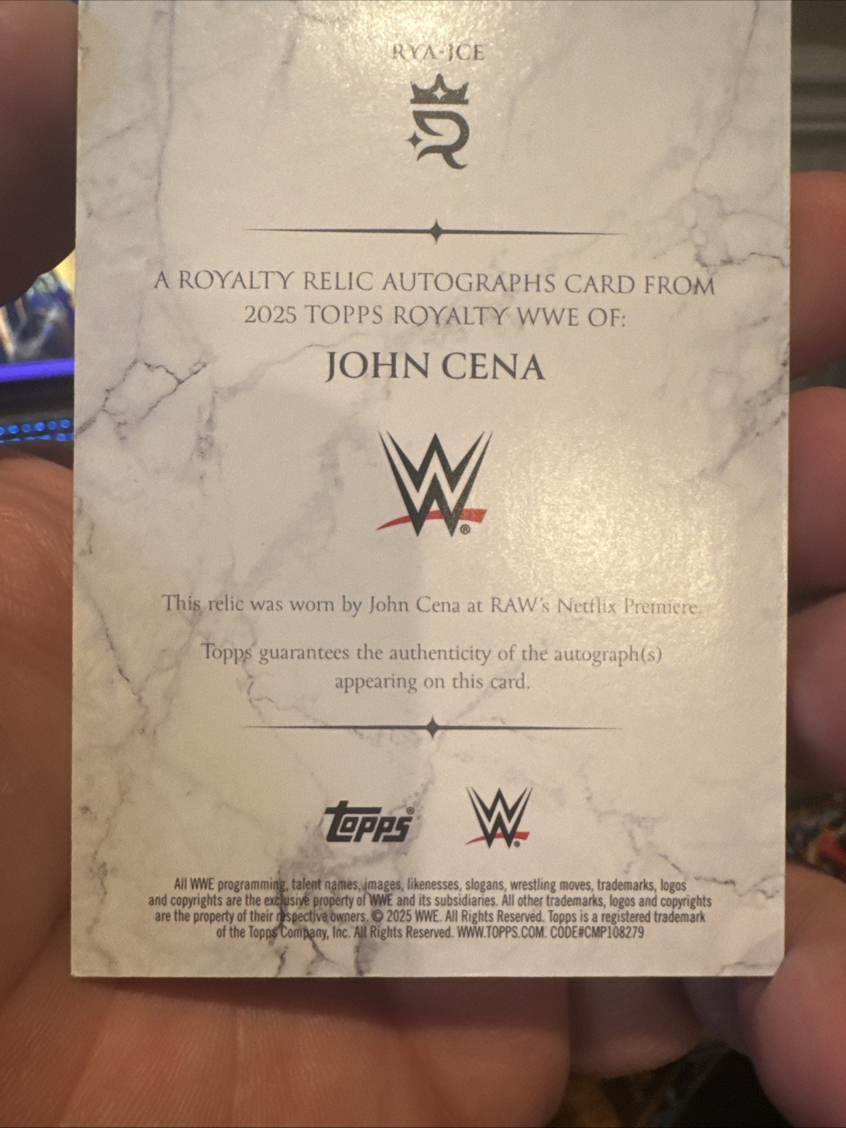 2025 Topps Royalty WWE JOHN CENA Netflix Debut Used Relic Autograph /25 Rare SP