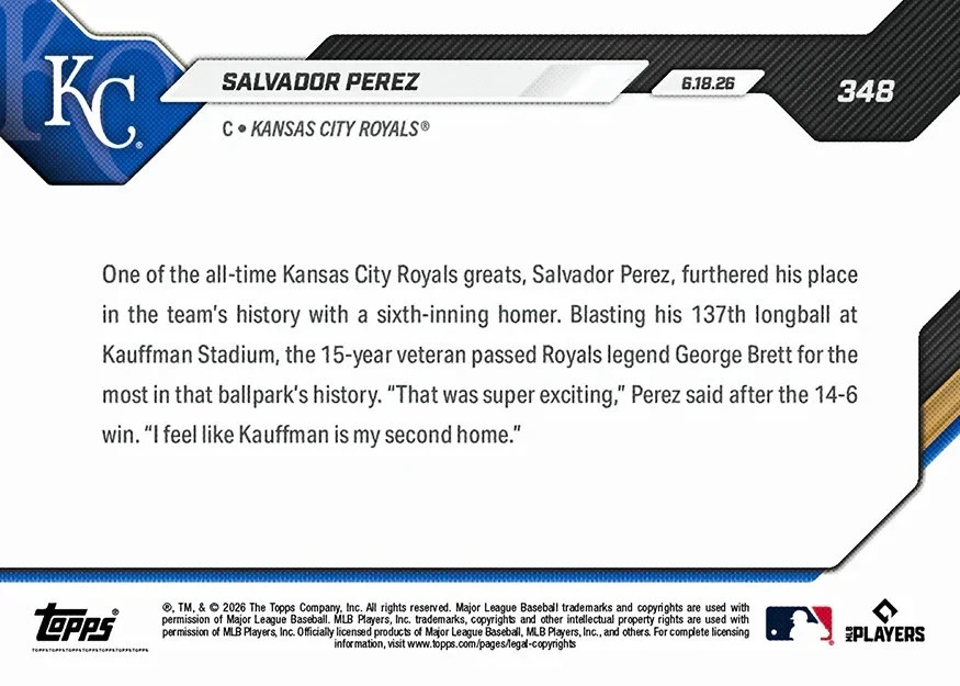 2026 MLB Topps NOW Card #348- Salvador Perez Kansas City Royals – PRESALE