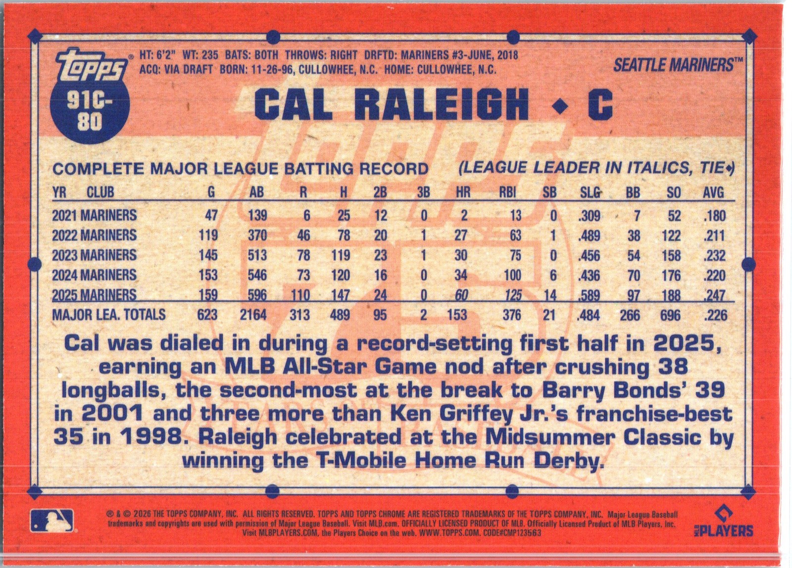 2026 Topps #91C-80 Cal Raleigh 1991 Topps 35th Aqua Mojo 51/199 Mariners