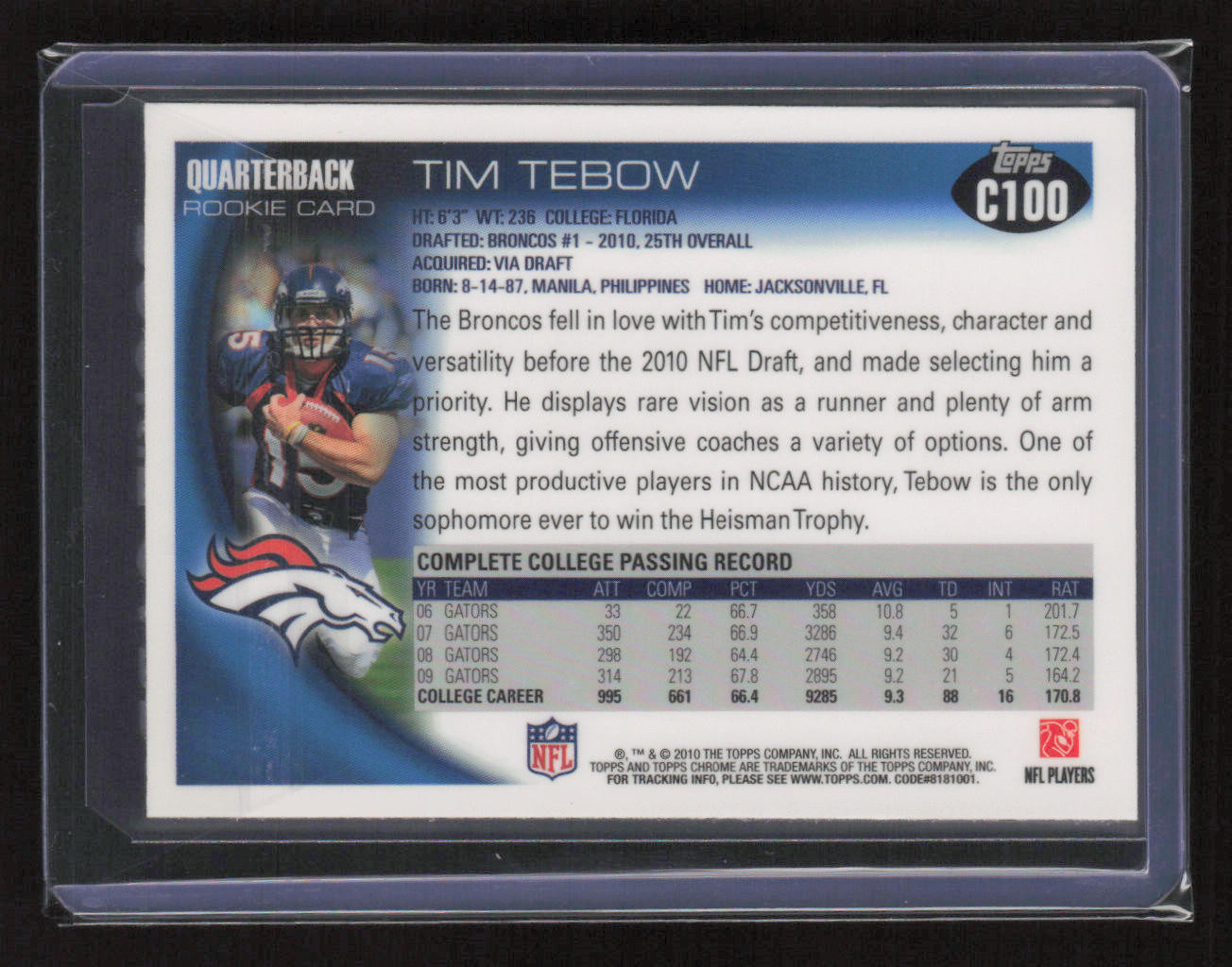 2010 Topps Chrome #C100a Tim Tebow Denver Broncos Rookie RC MINT