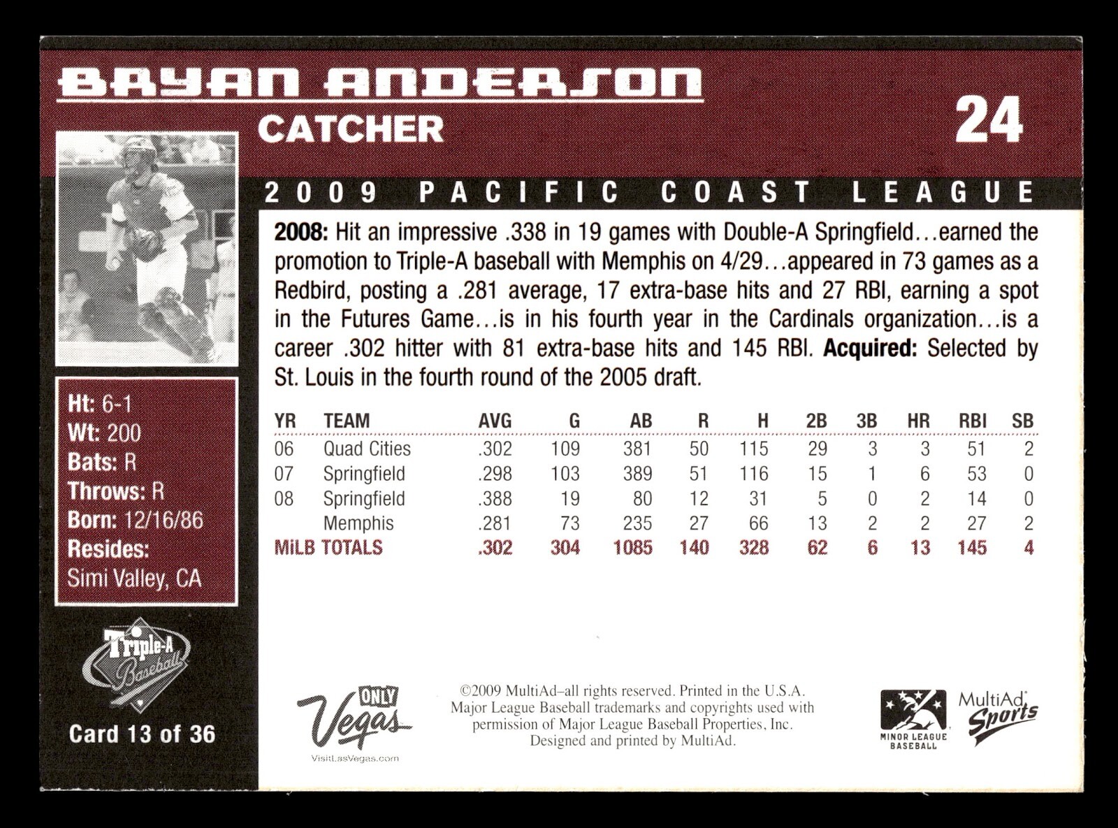 2009 MultiAd Pacific Coast League Top Prospects PCL AAA #13 Bryan Anderson