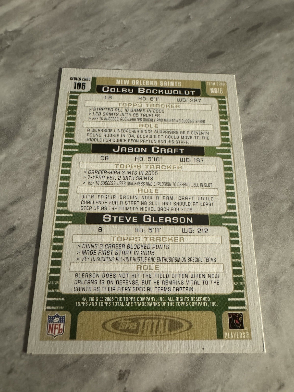 Topps 2006 Topps Total New Orleans Saints Team Card Bockwoldt Craft #106
