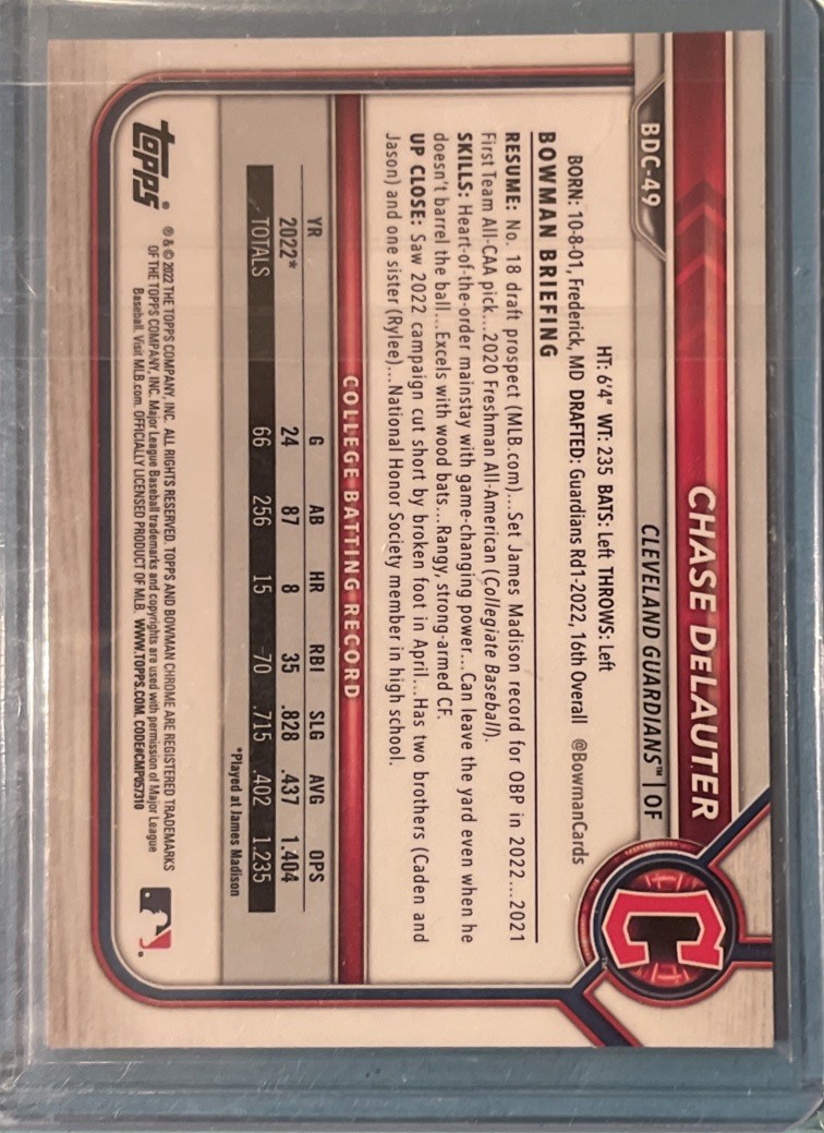2022 Bowman Draft -Chrome Chase Delauter #BDC-49 (RC) ROOKIE CLEVELAND GUARDIANS
