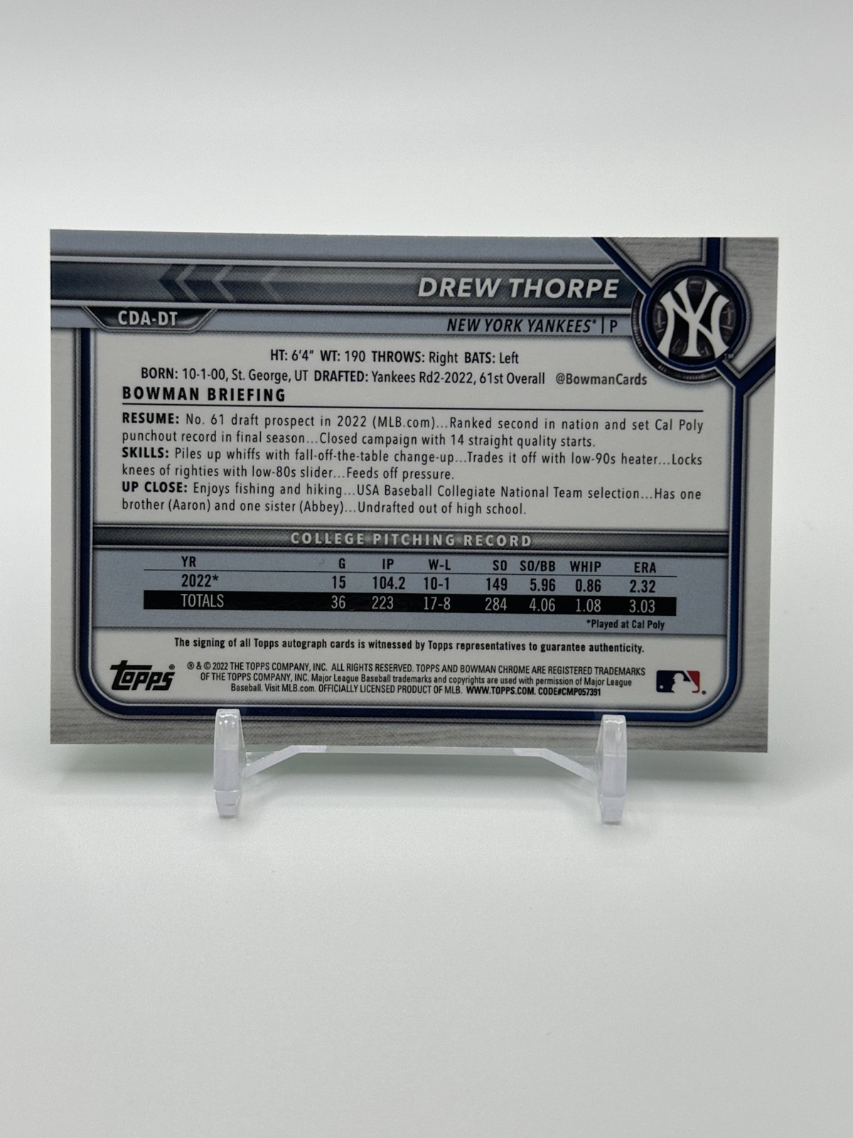 Drew Thorpe, 2022 Bowman 1st, Green Refractor Auto #/99