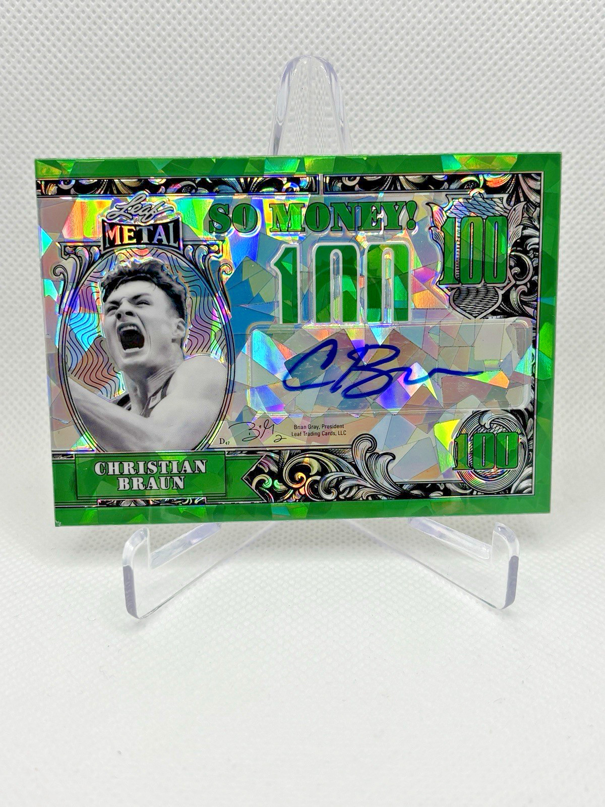 2021-22 Leaf Metal Green Crystal So Money Autographs Christian Braun #SM-CB1 5/5