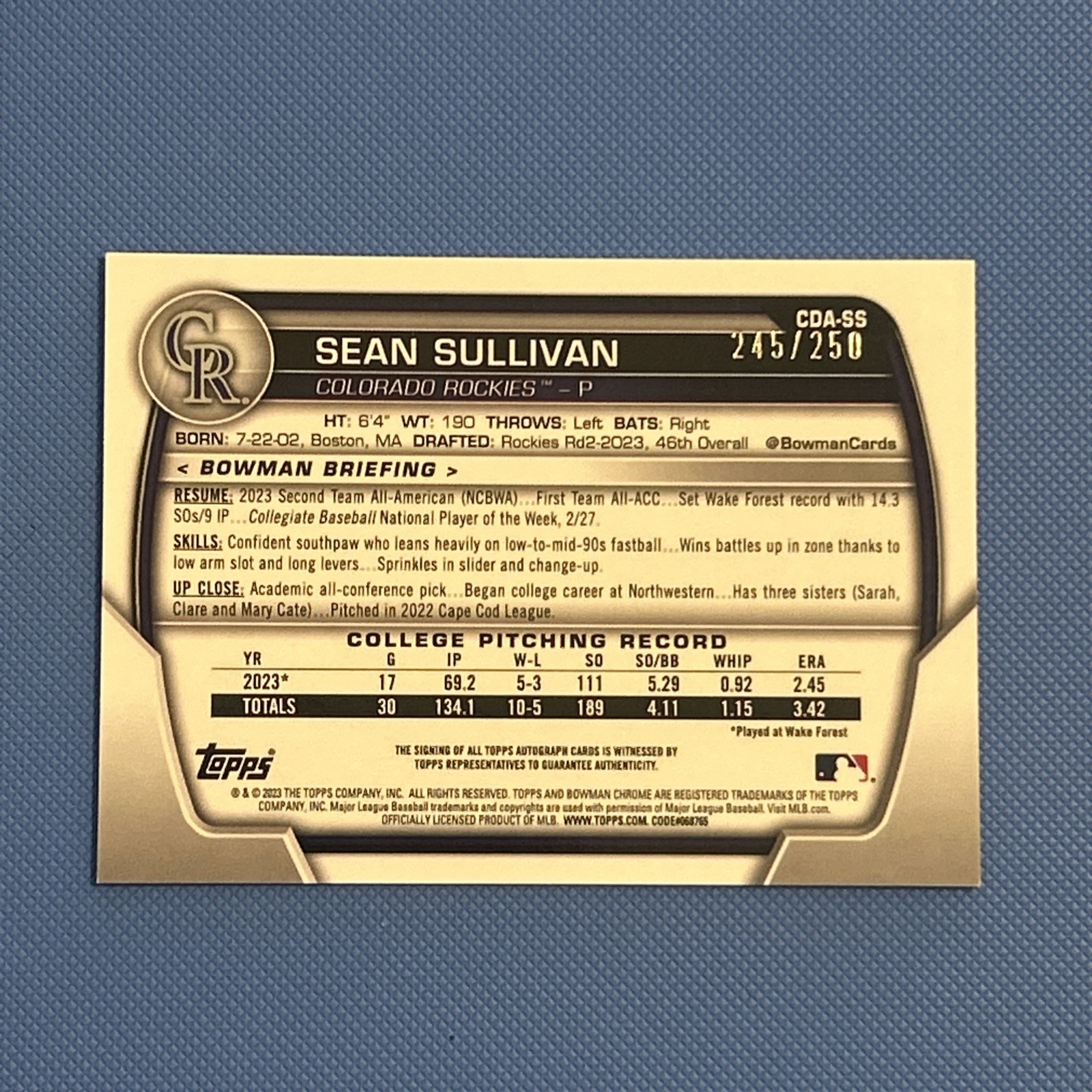2023 Bowman Draft – Sean Sullivan 1st Bowman Auto Purple Refractor /250 #CDA-SS