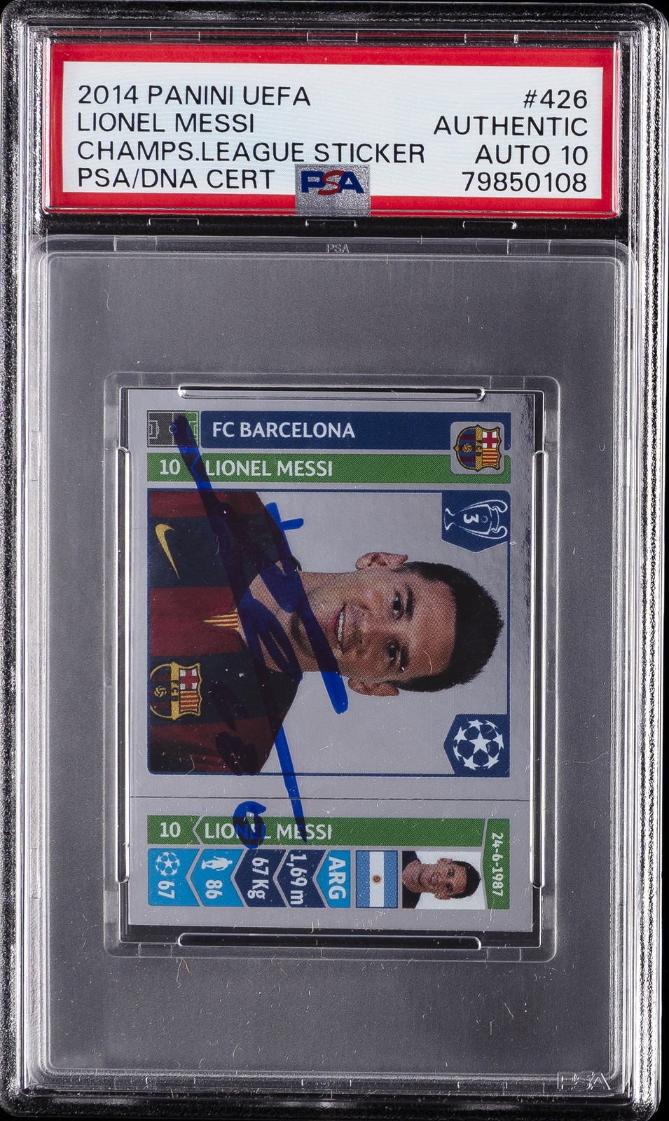 2014 PANINI CHAMPIONS LEAGUE STICKER #426 LIONEL MESSI PSA AUTHENTIC AUTO 10