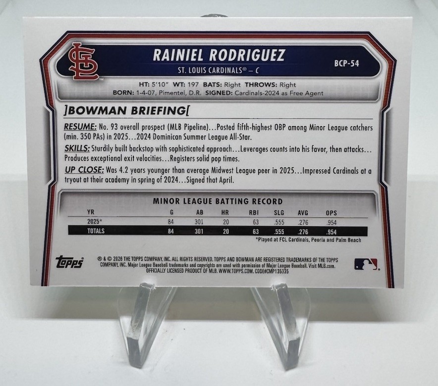 2026 Bowman Rainiel Rodriguez Chrome PackFractor /89 #BCP-54 Cardinals SP 🔥