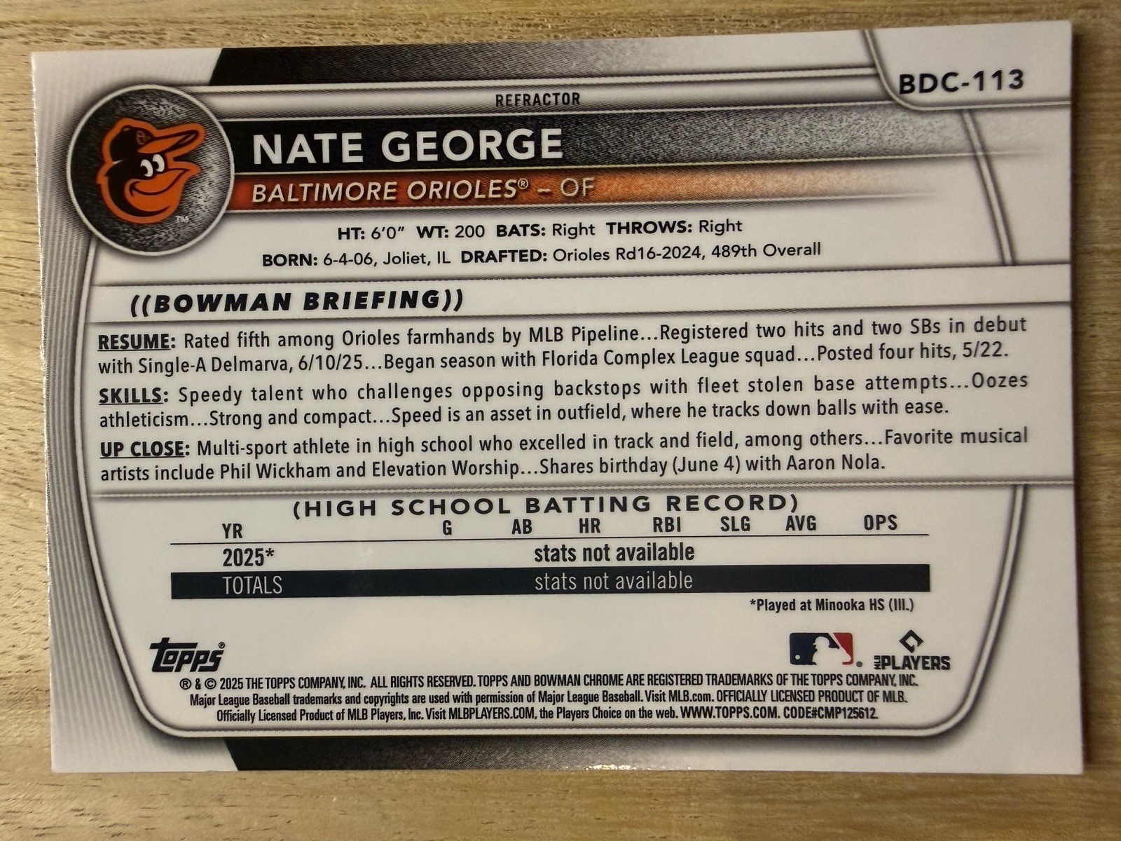 2025 Bowman Draft – NATE GEORGE – #BDC-113 Chrome Refractor – Orioles