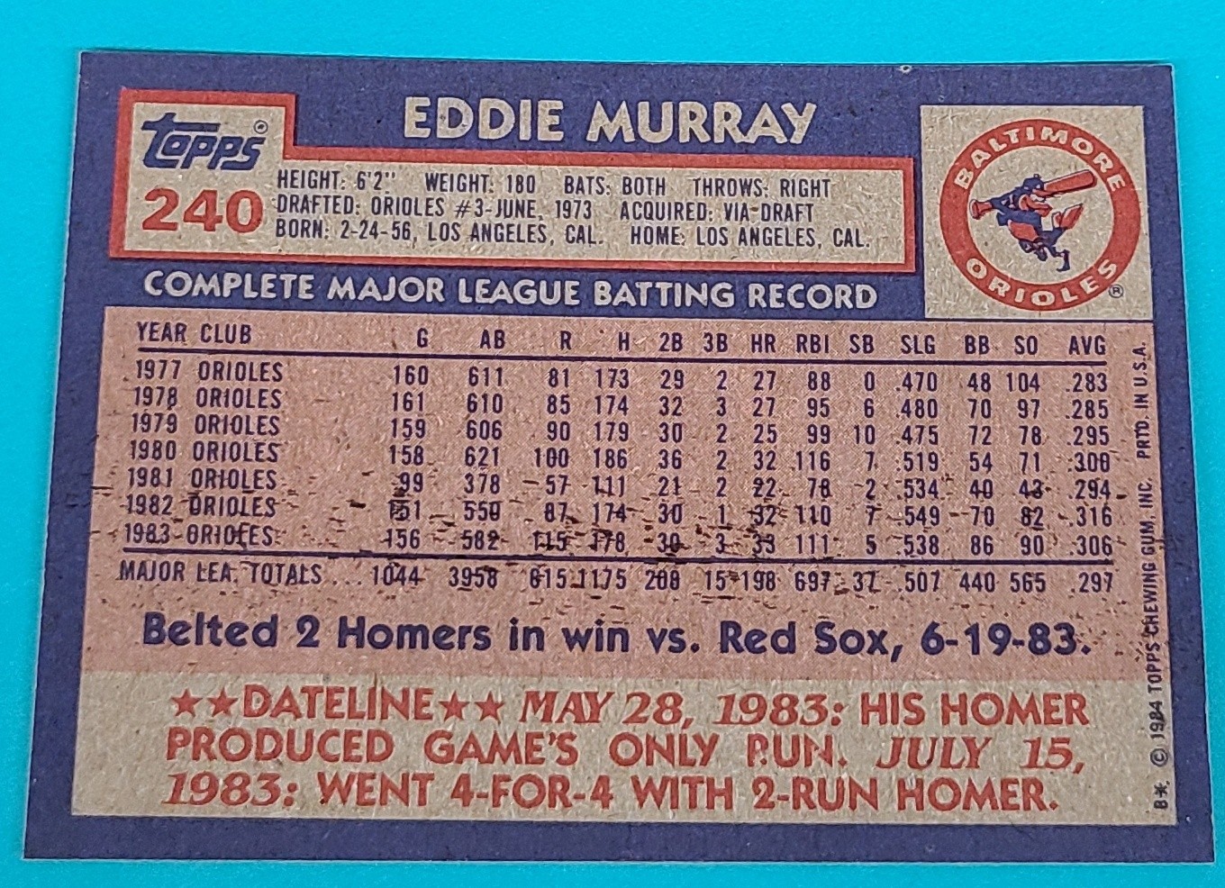 1984 Topps #240 Eddie Murray Baltimore Orioles Baseball Card J5