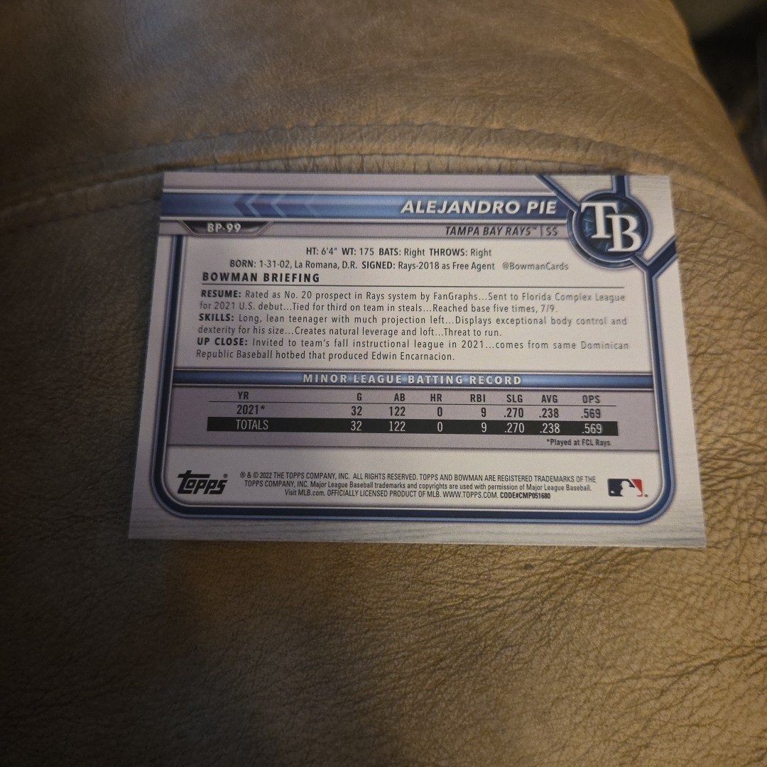 Alejandro Pie 2022 Bowman Prospects 1st #BP-99 Tampa Bay Rays