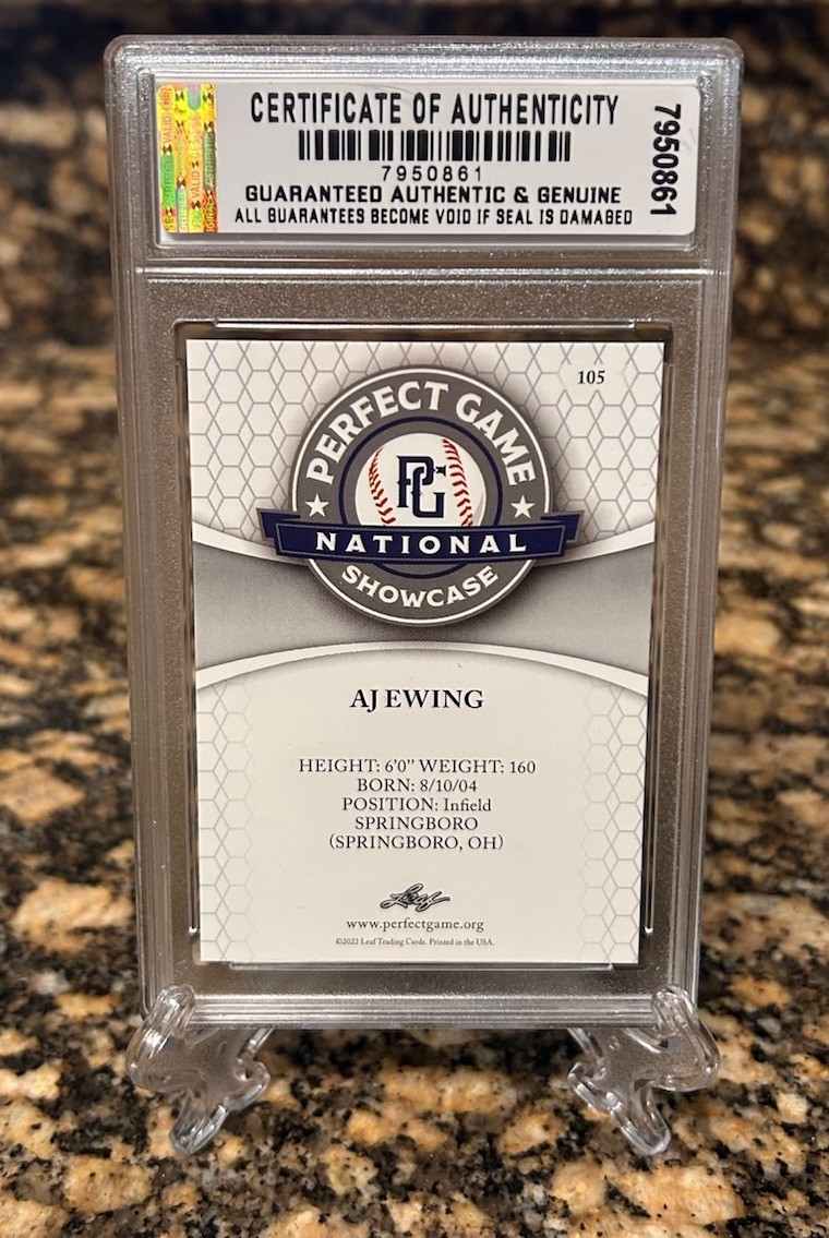 Graded GEM-MT 10 AJ EWING RC 2022 LEAF PERFECT GAME ROOKIE #105. COA!