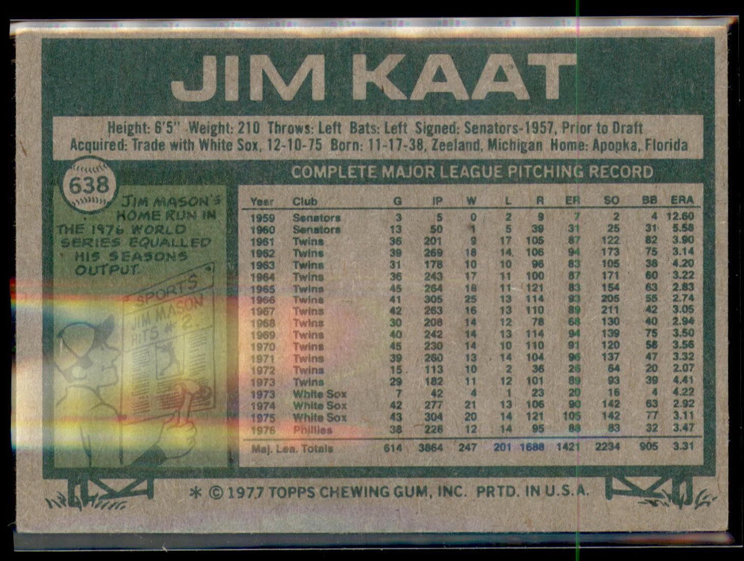 1977 Topps #638 Jim Kaat HOF VG