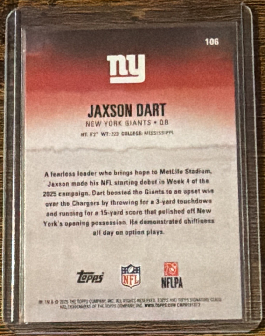 2025 Topps Signature Class #106 Jaxson Dart Rookie Red Parallel Giants (RC)