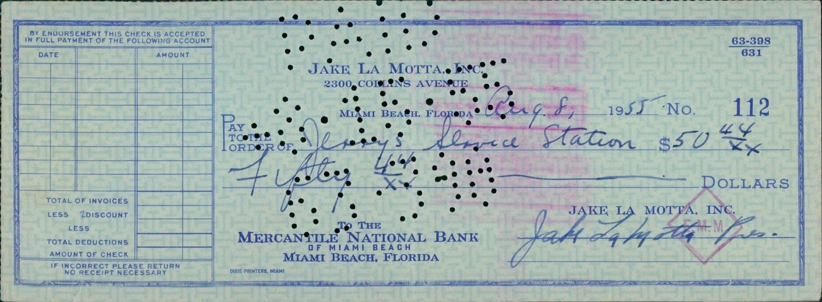 Jake LaMotta Boxer Signed Cancelled Check JSA Authenticated