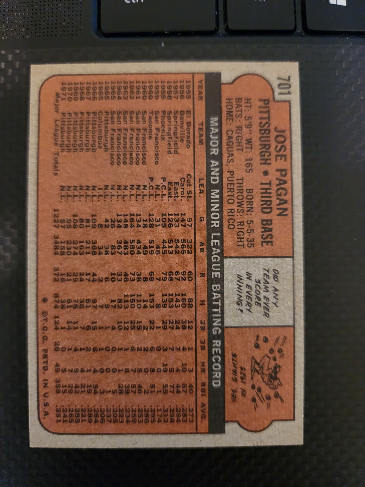 1972 Topps Jose PAGAN Pittsburgh PIRATES HIGH #701 NRMT