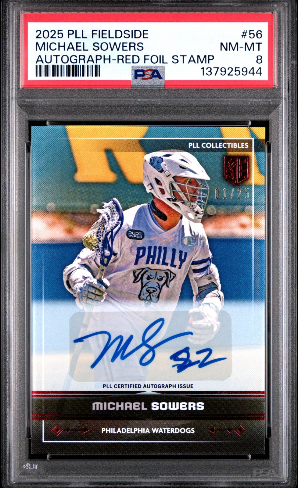 2024 PLL Lacrosse Fieldside Michael Sowers Red Auto 1/25 PSA 8 Near Mint