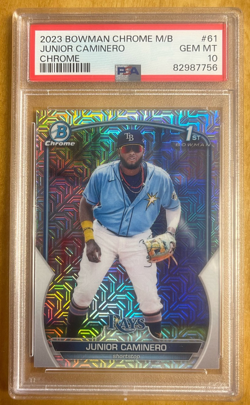(1) 2023 Bowman Chrome MEGA BOX Junior Caminero 1st RC PSA 10, GEM MINT, QTY!