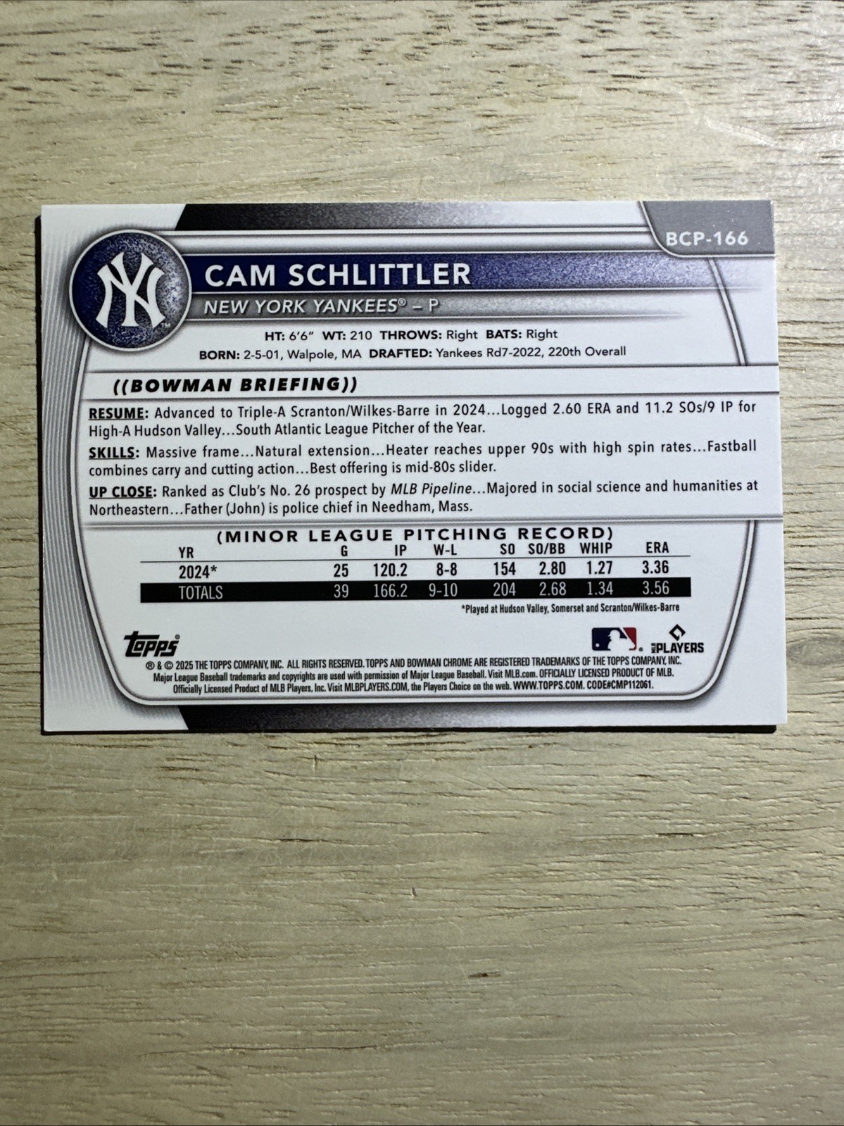 2025 Bowman Chrome – Prospects Cam Schlittler #BCP-166 Shimmer Refractor (RC)