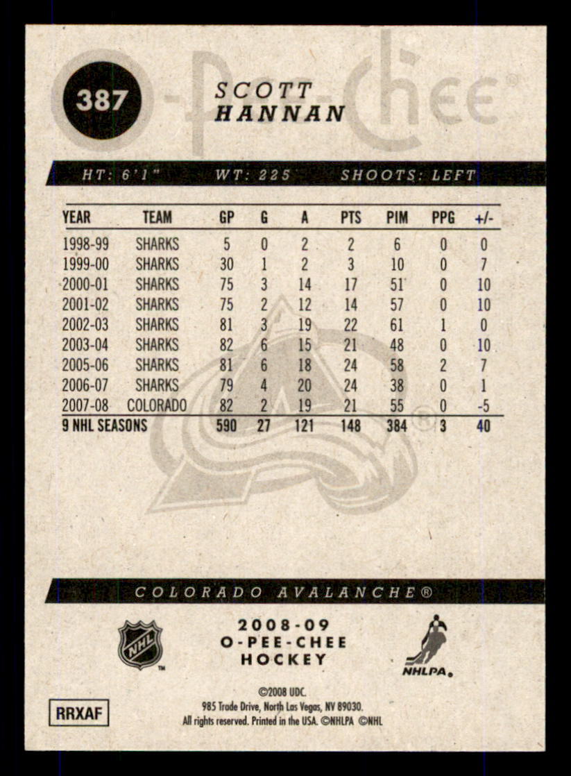 2008-09 O-Pee-Chee #387 Scott Hannan Colorado Avalanche