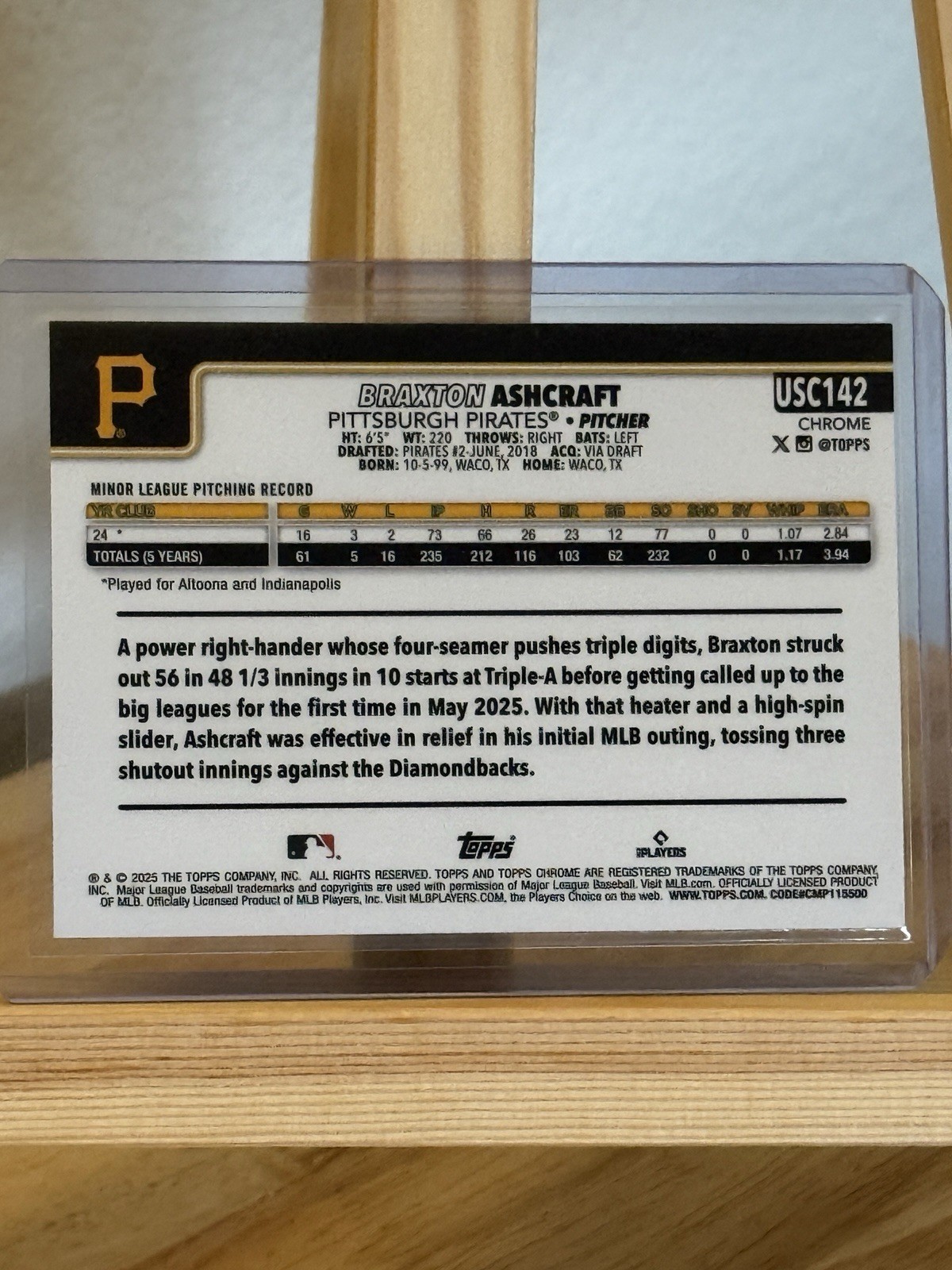 2025 Topps Chrome Update – Braxton Ashcraft #USC142 RayWave Refractor (RC)