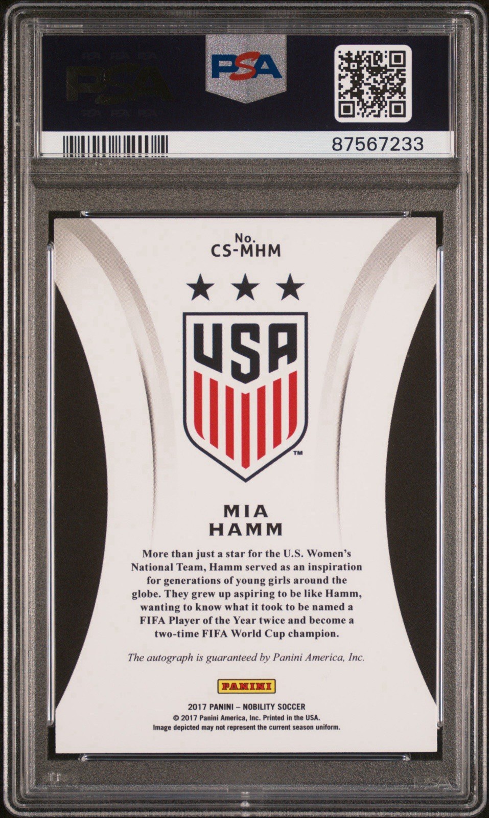 2017 Panini Nobility Mia Hamm #CS-MHM Crescent Signatures Orange /49 Auto PSA 10