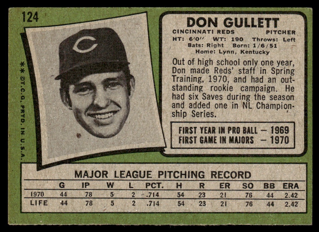 1971 Topps Card Don Gullett RC Cincinnati Reds #124 Baseball EX