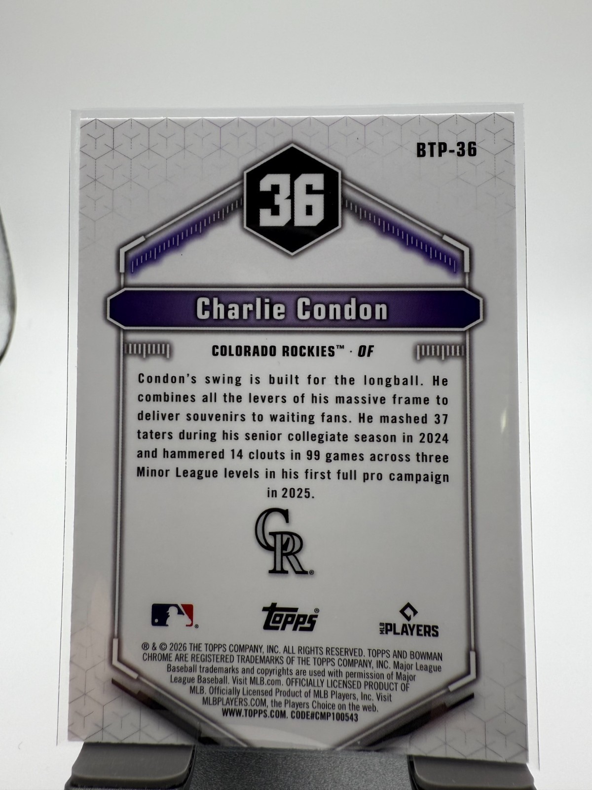 2026 Bowman Chrome Charlie Condon Bowman Scouts Top 100 #BTP-36 Rockies