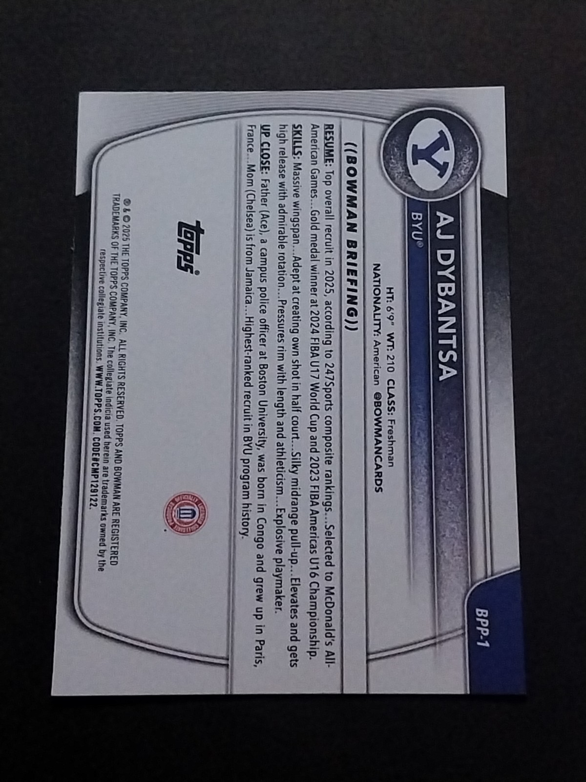 AJ DYBANTSA 2025-26 Bowman Basketball Prospects Pre Rookie Card #BPP-1 BYU