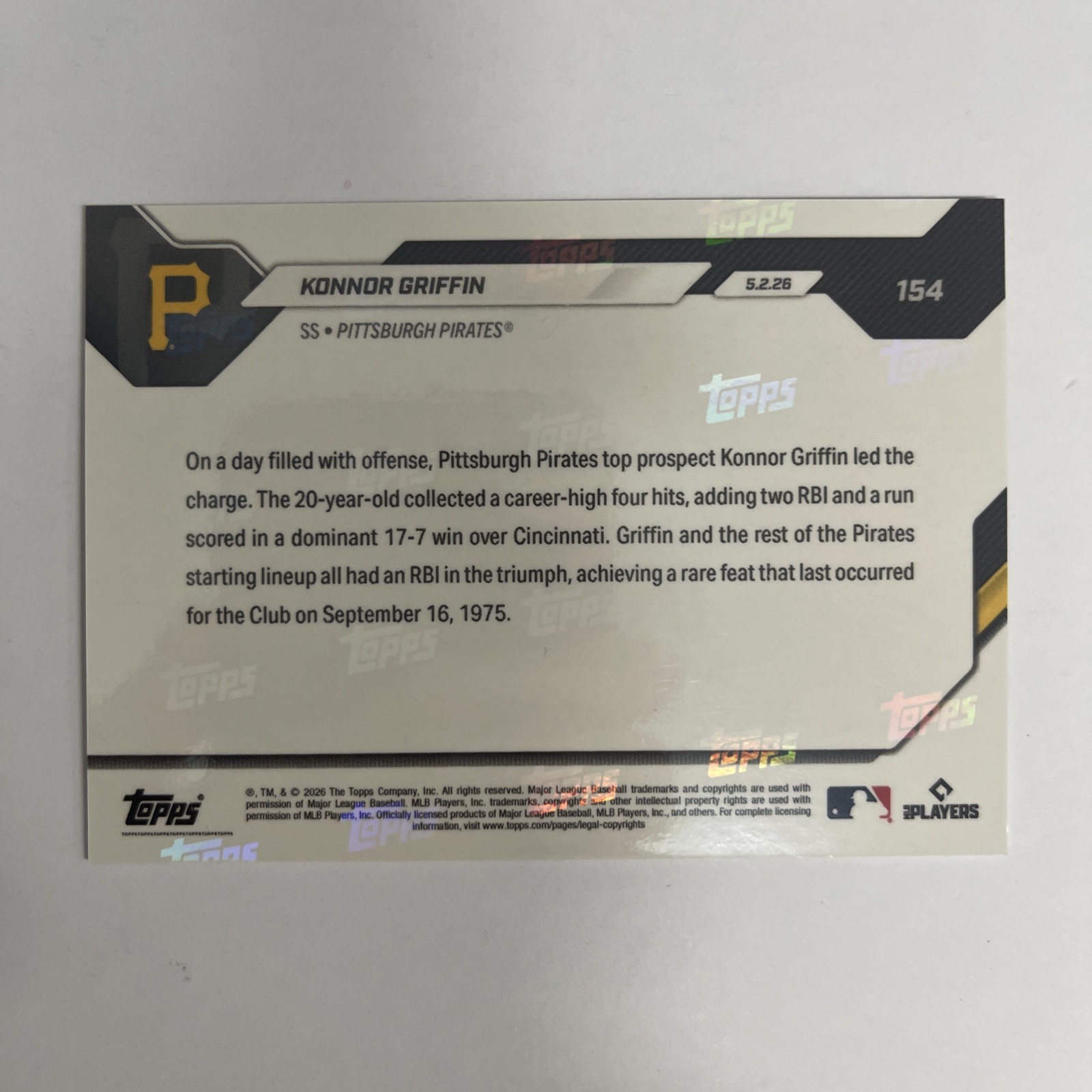 2026 Topps Now Konnor Griffin #154 RC Rookie 1st Career 4-Hit Gold 43/50 PIRATES