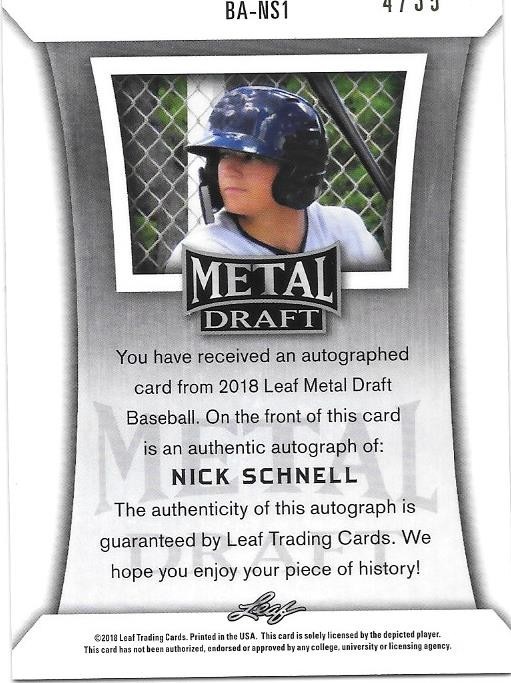 2018 Leaf Metal Draft NICK SCHNELL BLUE PRISMATIC AUTO! #4/35!