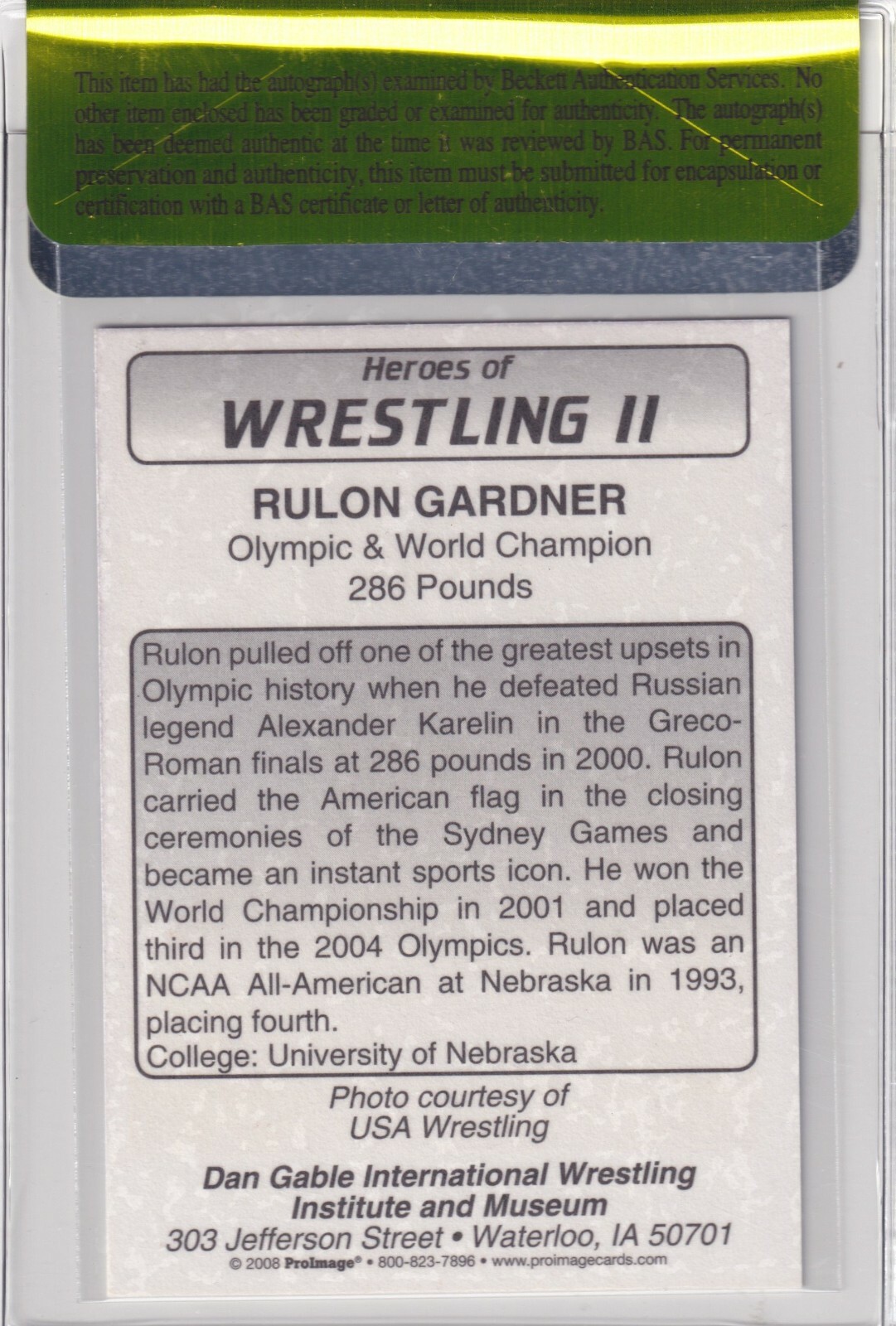 Rulon Gardner Signed 2008 ProImage Heroes of Wrestling II Card BAS COA Autograph