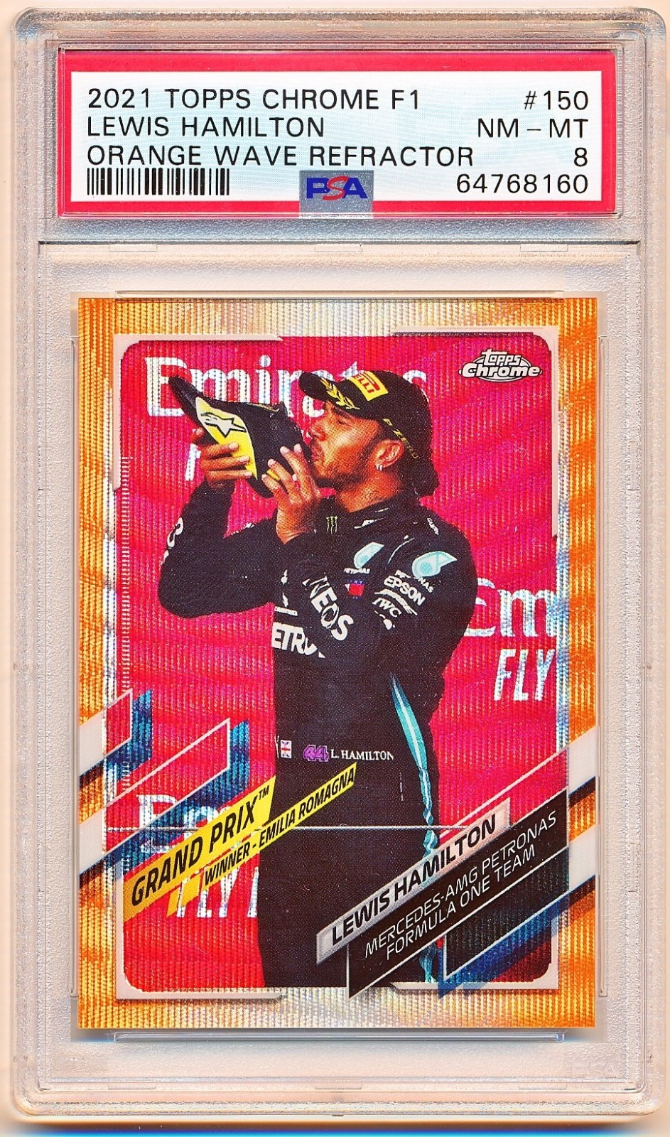 2021 Topps Chrome F1 Lewis Hamilton Orange Wave Refractor #150 (24/25) PSA 8