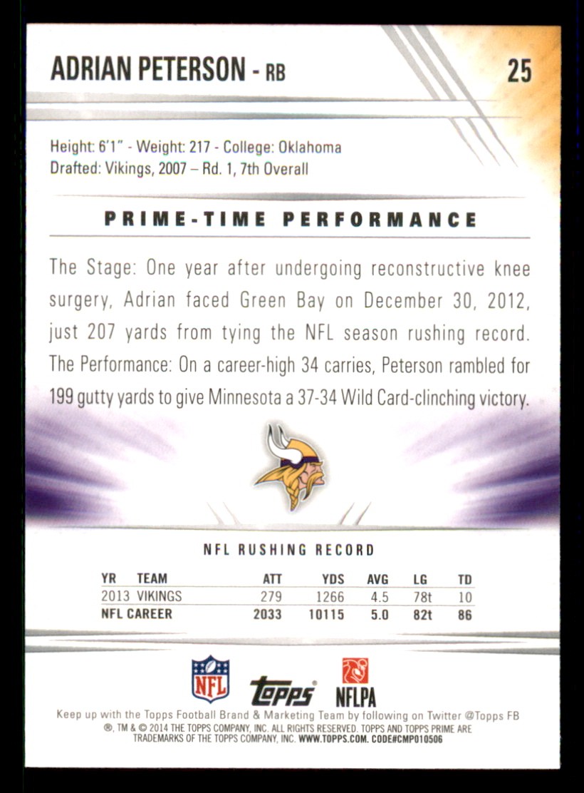 2014 Topps Prime Adrian Peterson Variation #25b Minnesota Vikings