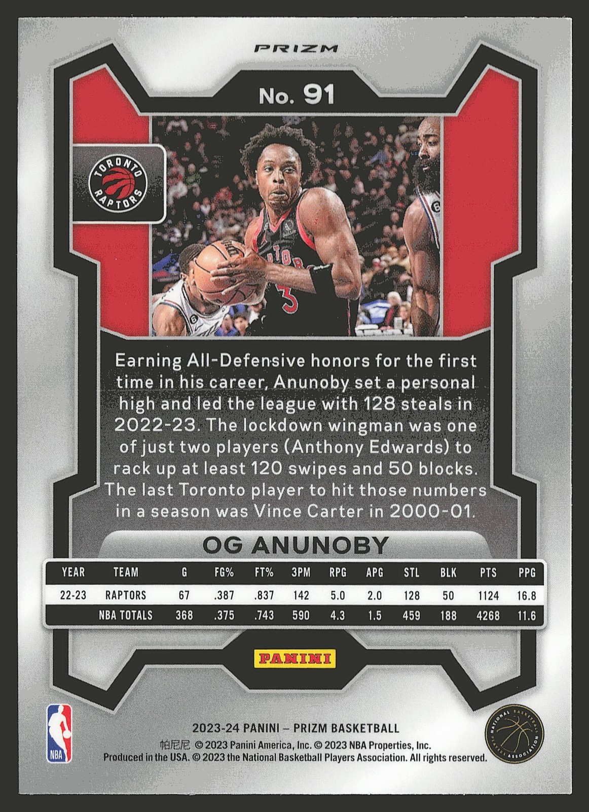2023-24 Panini Prizm #91 OG Anunoby Prizms Choice Blue Yellow and Green
