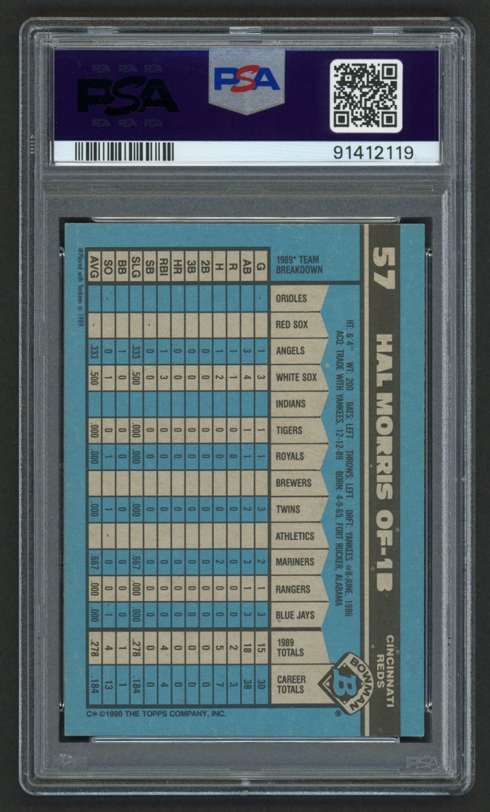 1990 BOWMAN HAL MORRIS #57 CINCINNATI REDS ROOKIE RC PSA 8 NEAR MINT-MINT