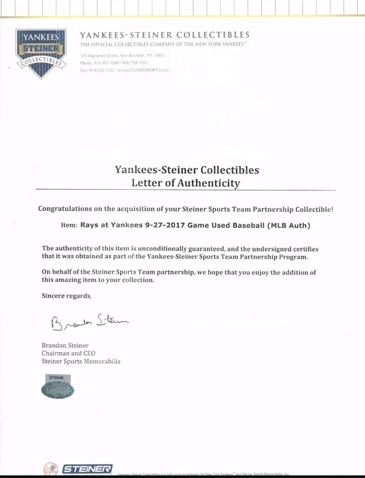 Game Used Baseball Rays vs Yankees 9/27/17 MLB Holo Steiner LOA Authentic OMLB