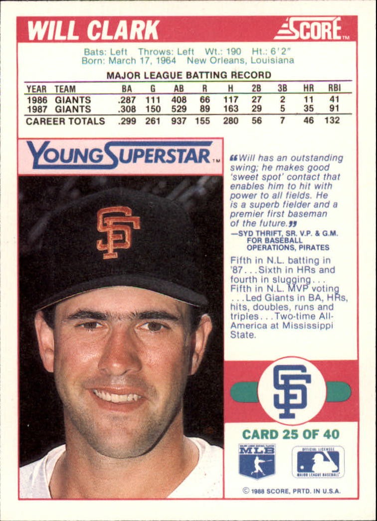 1988 Score Young Superstars I Baseball Card #25 Will Clark