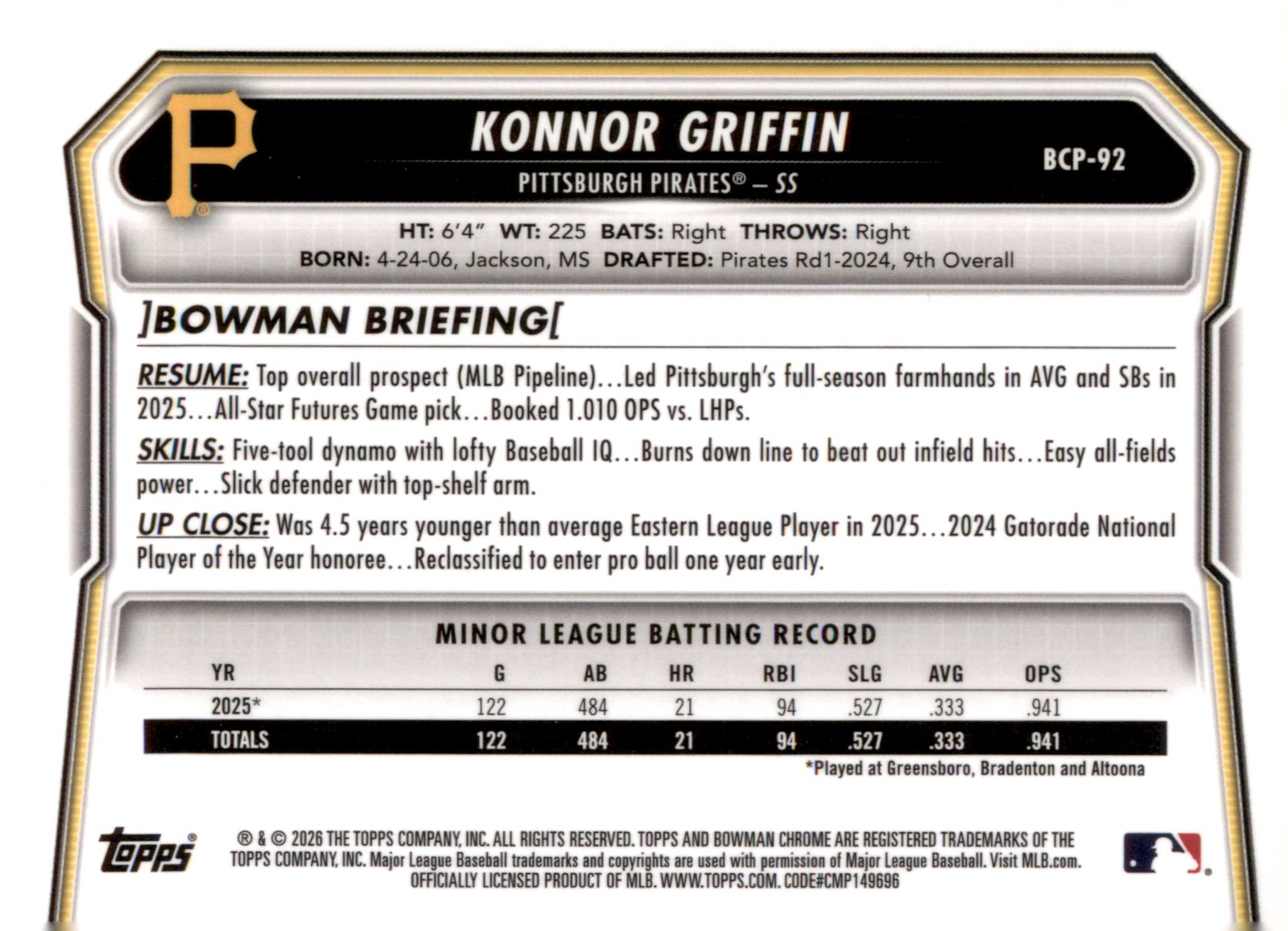 2026 Bowman #BCP-92 Konnor Griffin Chrome Prospects Mojo Refractor