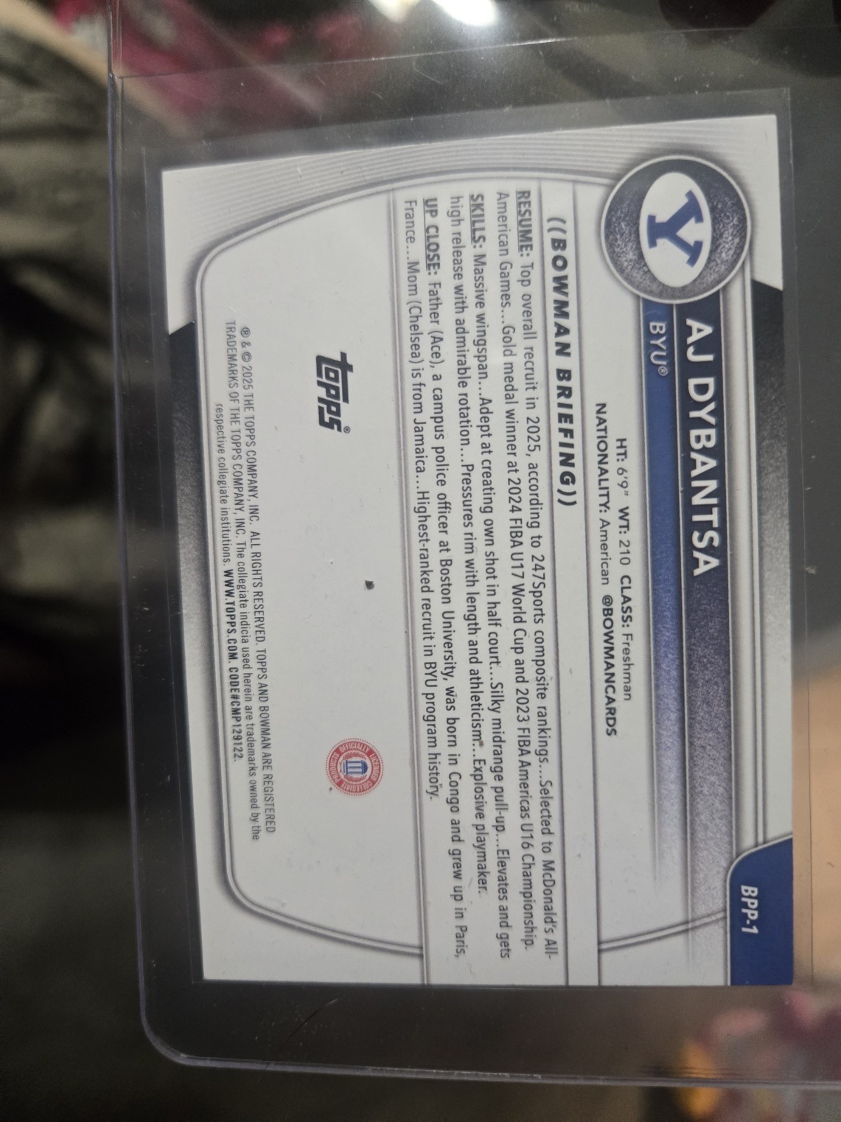 Topps 2025-26 Bowman Prospects AJ Dybantsa BYU #BPP-1 Purple 152/199 (RC)