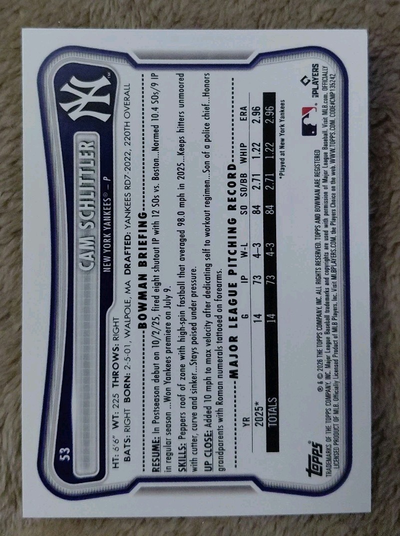 Cam Schlittler YANKEES 2026 Bowman Paper RC